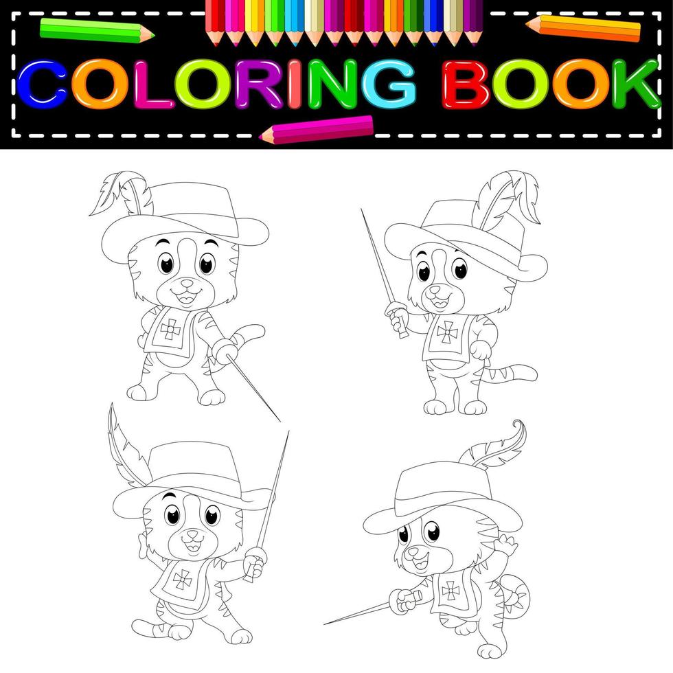 kitten musketeer with sword coloring book vector