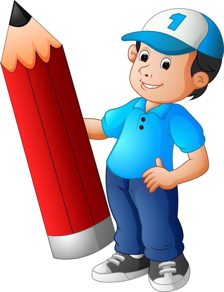 boy holding big pencil vector