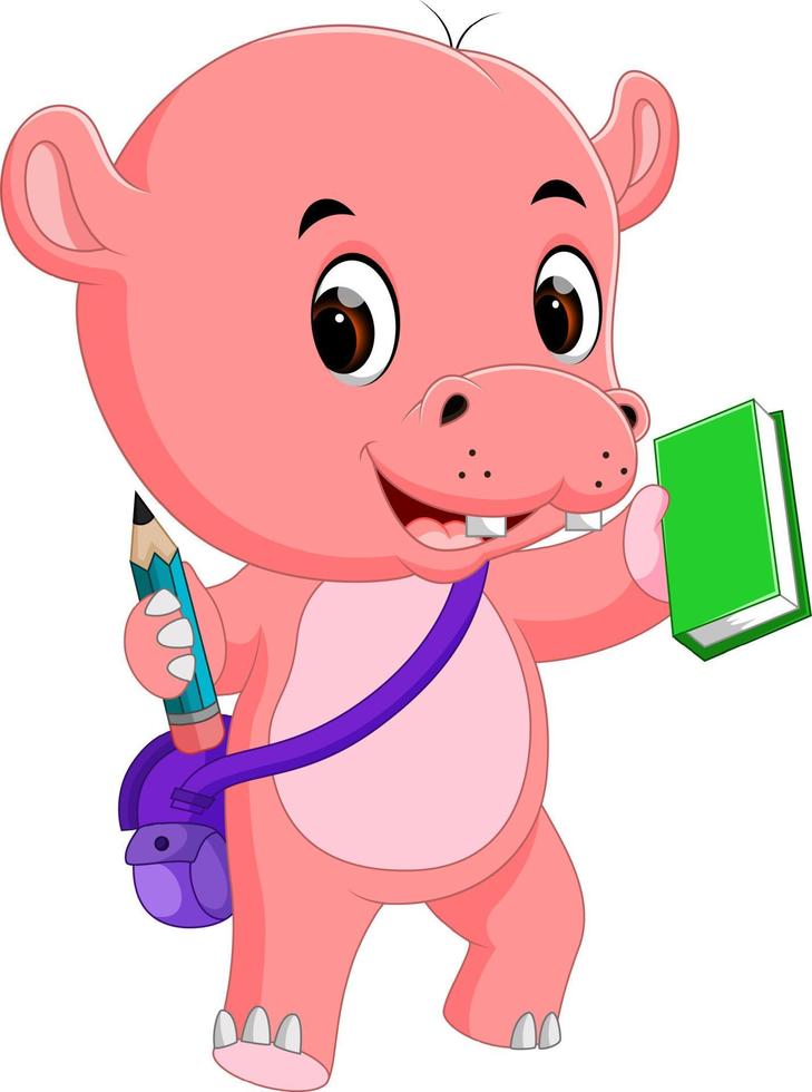 Cute hippo go to school vector