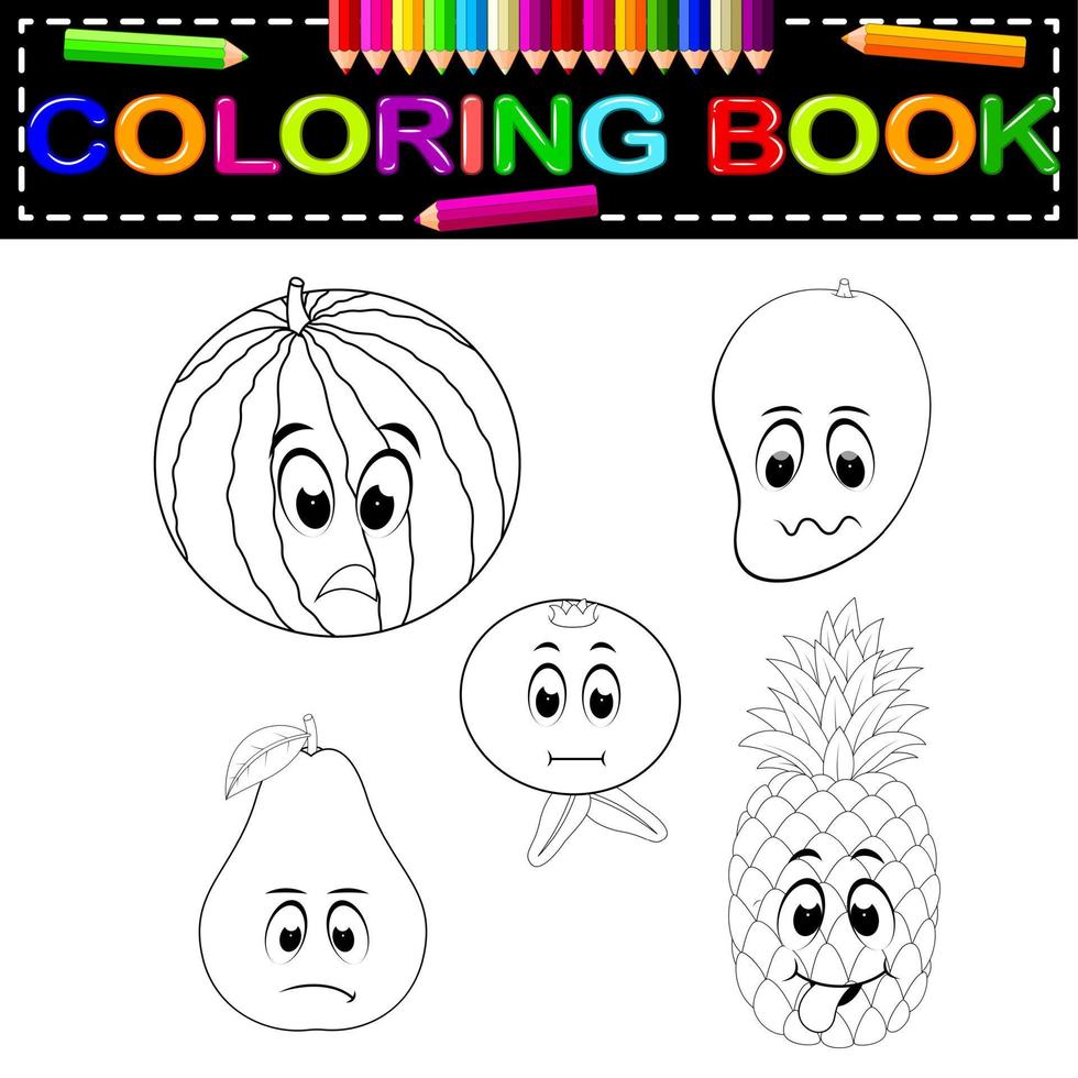 fresh fruit with face coloring book vector