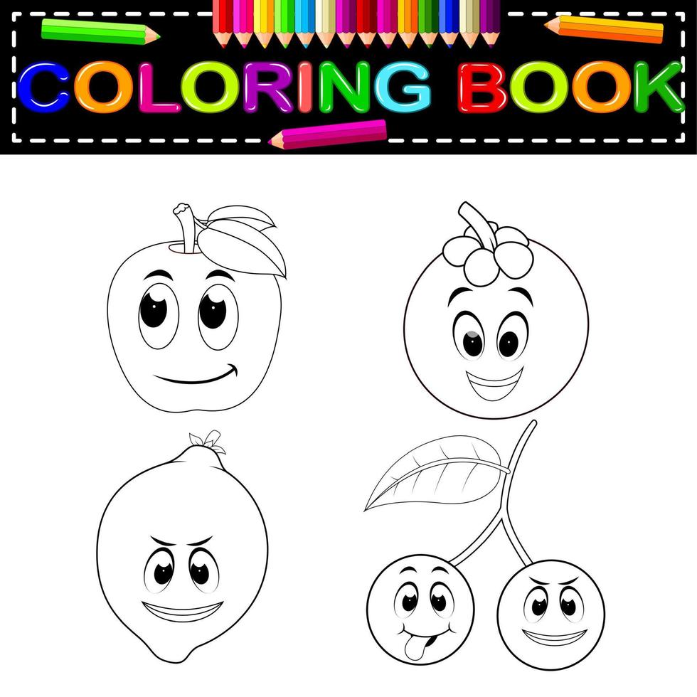 fresh fruit with face coloring book vector