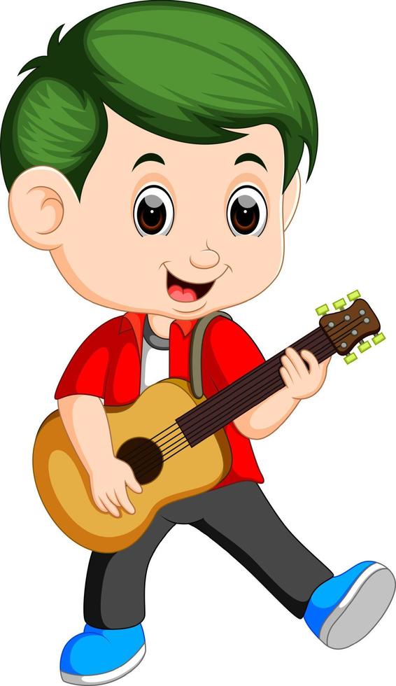 Happy boy playing on acoustic guitar vector