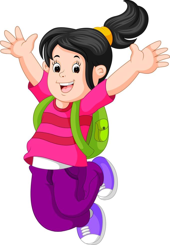 happy girl with backpack on her back vector