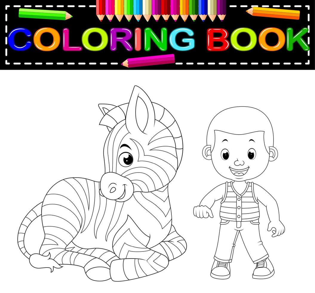 cute boy and zebra coloring book vector