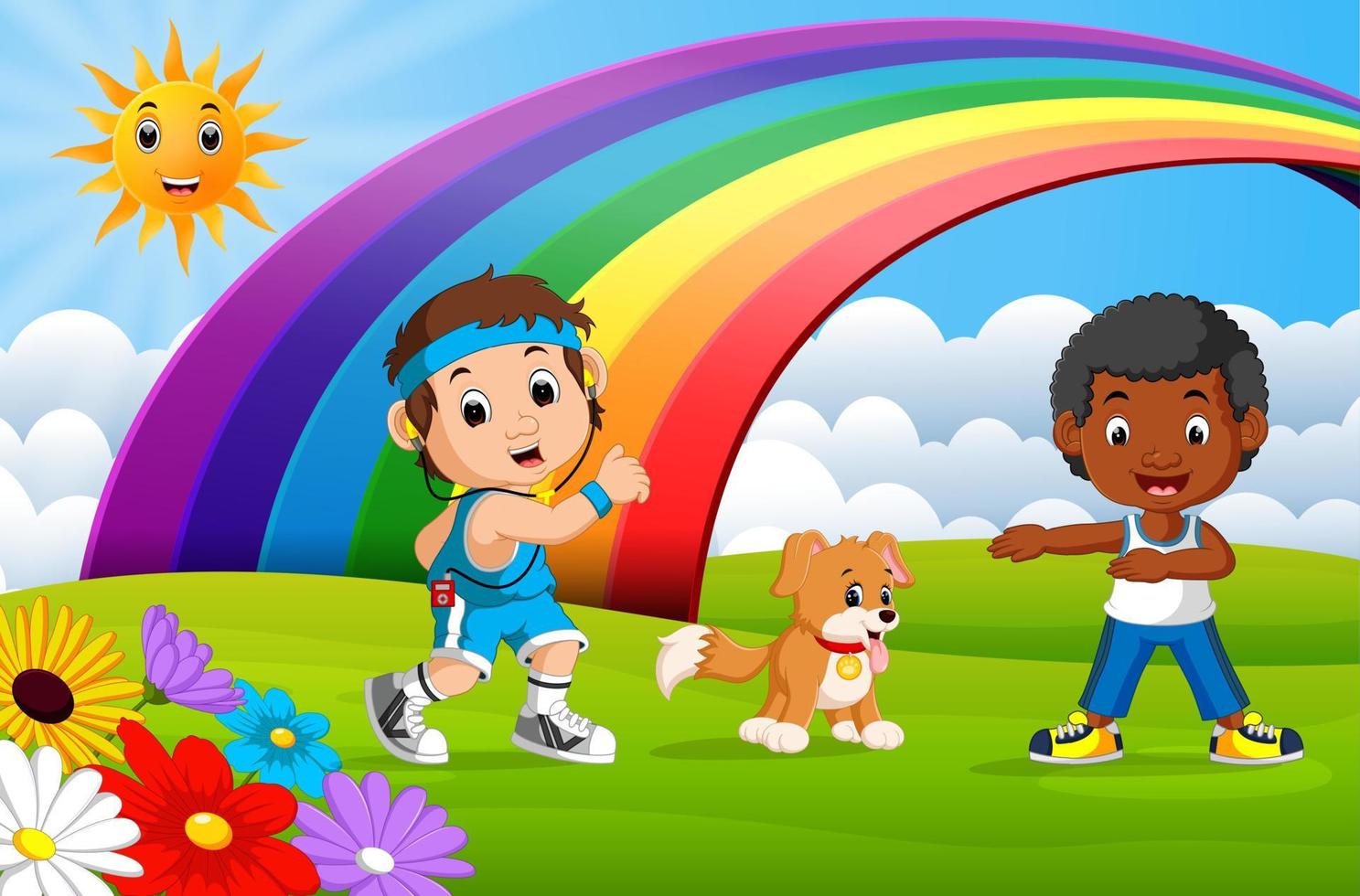 Children sport and dog in the park on rainbow day vector