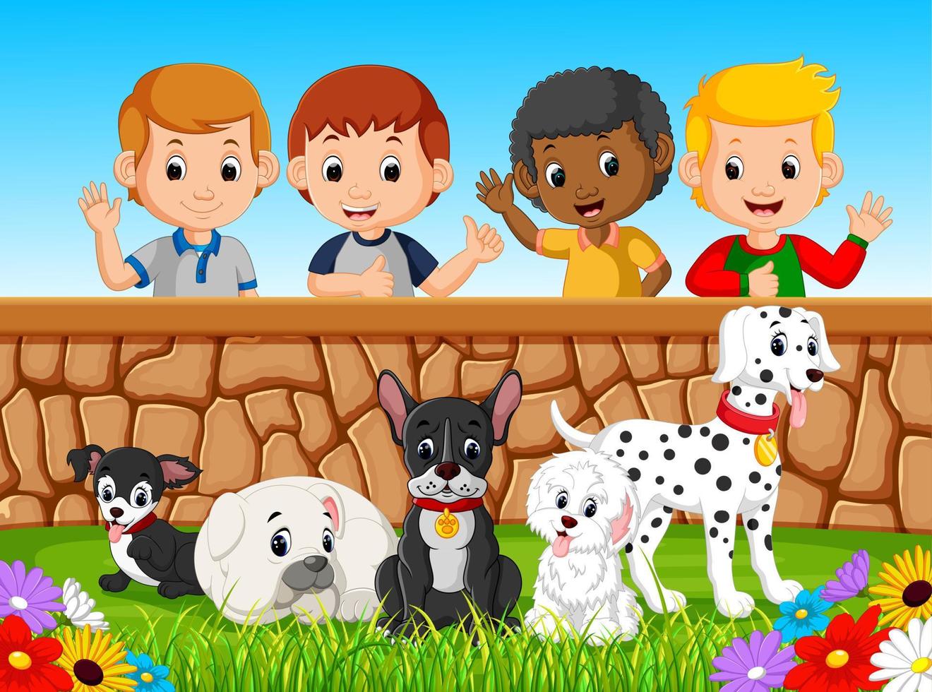 Children looking at dogs over the wall vector