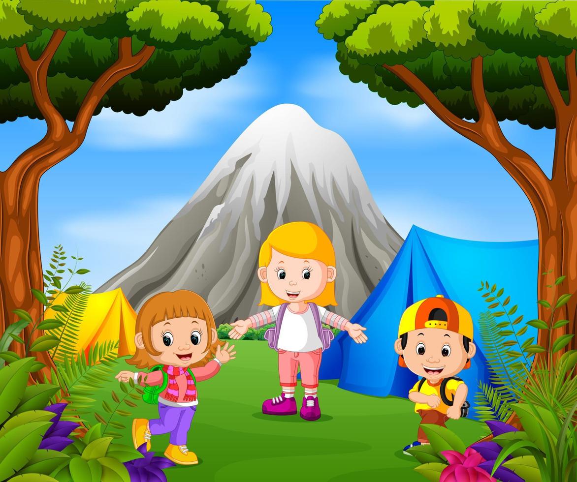 Children camping out in the park with mountain scene vector