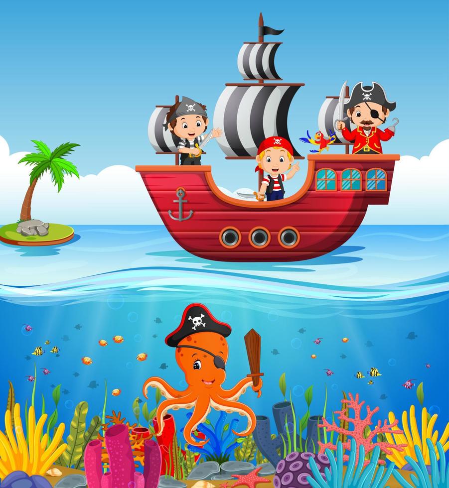 Children on pirate ship and ocean scene vector