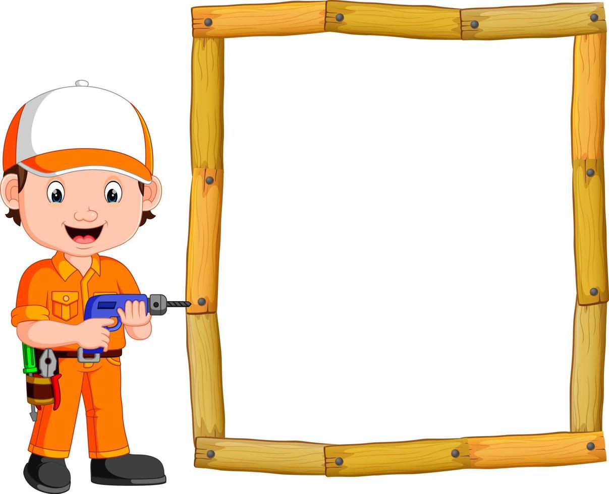 Carpenter with hand drill and wood frame vector
