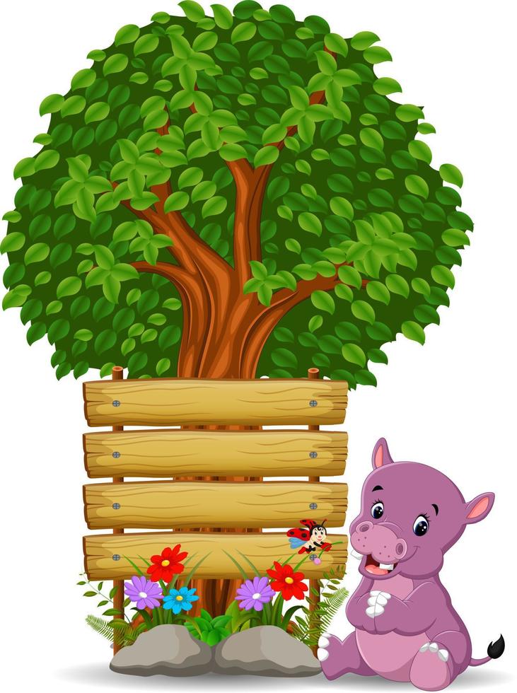 hippo in front of an empty wooden signboard vector