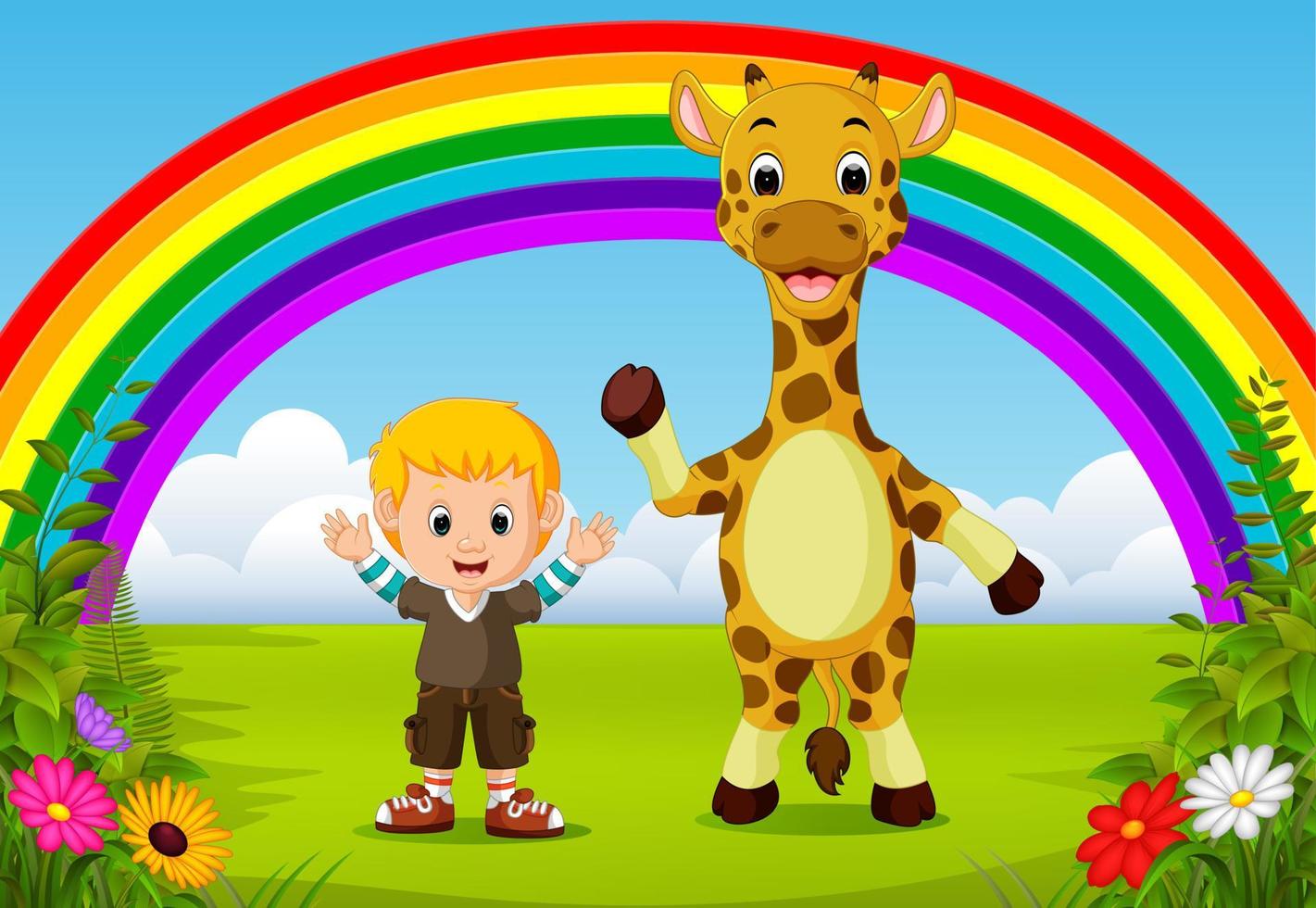 chico lindo y jirafa en el parque con escena de arco iris vector