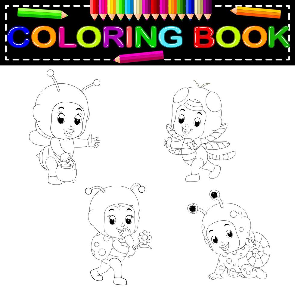 Cute kids cartoon wearing animal costume coloring book vector