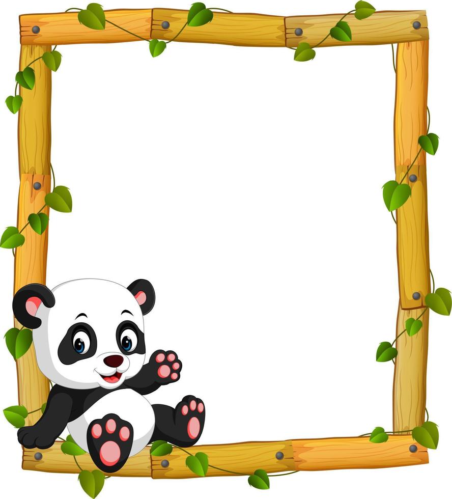 Panda on the wood frame with roots and leaf vector