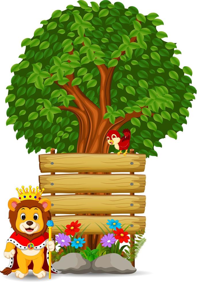 lion in front of an empty wooden signboard vector