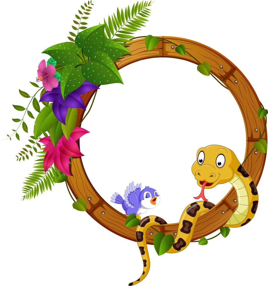 snake and bird on round wood frame with flower vector
