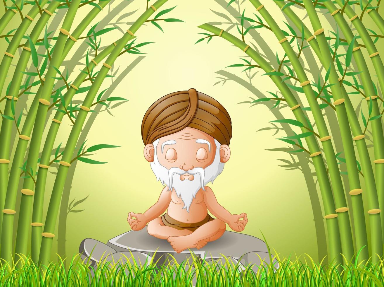 old man meditate while sitting on a big stone in forest vector