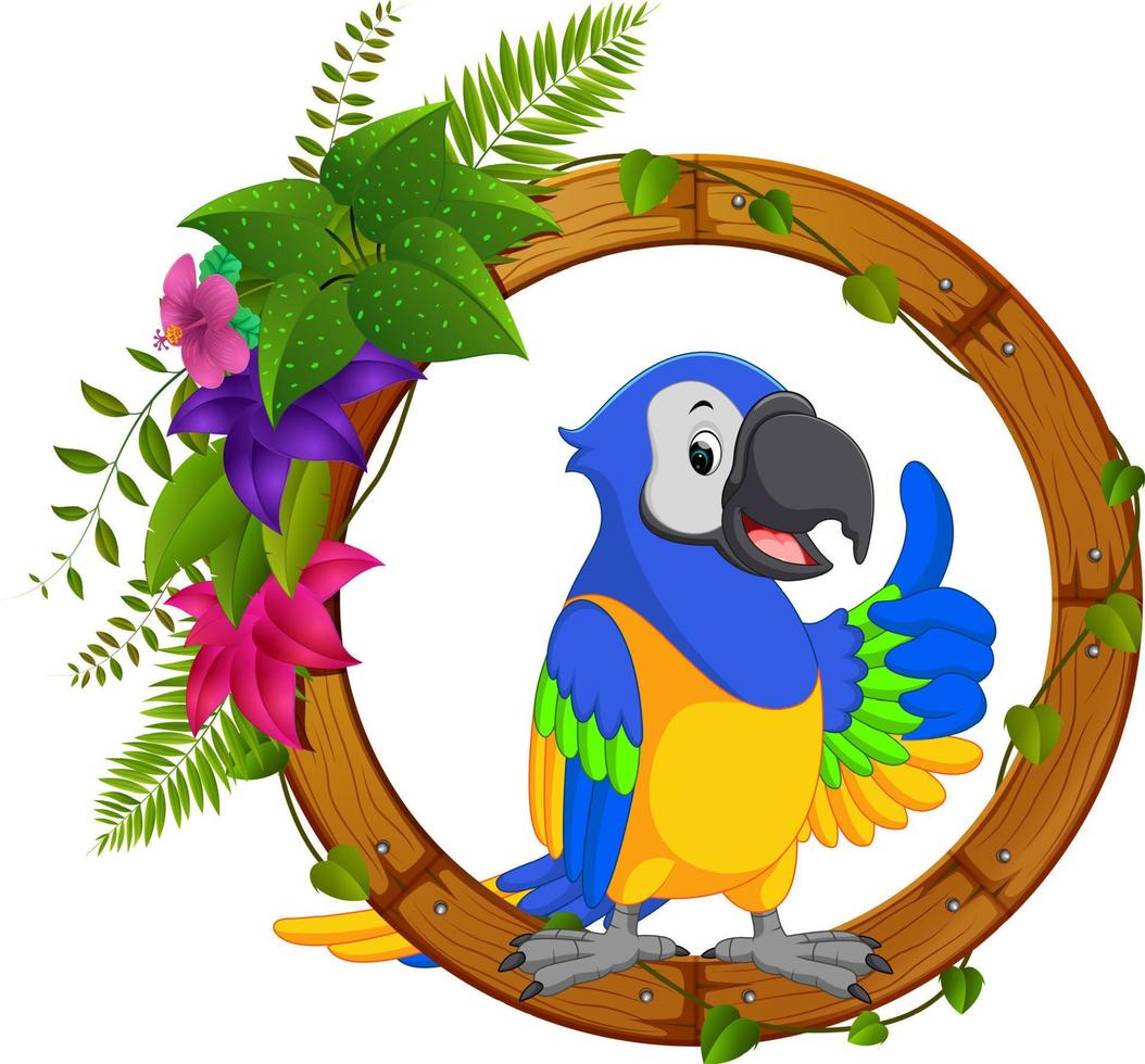 Parrot on round wood frame with flower vector
