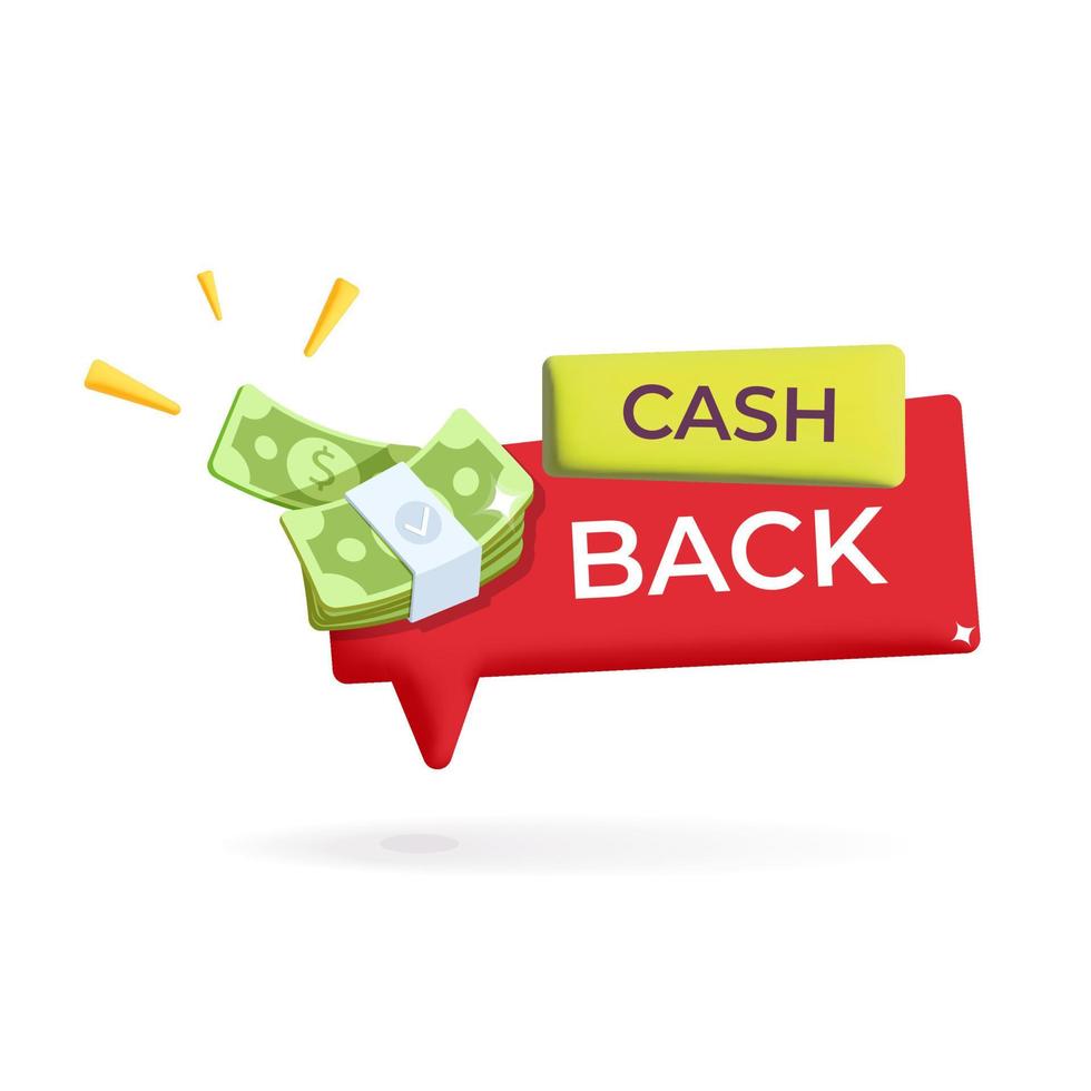 Cash back red label tag with bunch of green dollar banknote icon concept design vector