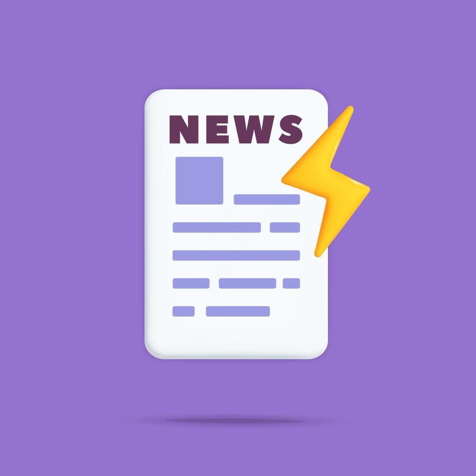3d vector newspaper icon with breaking news symbol design