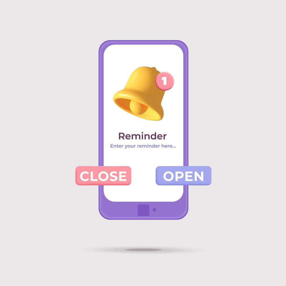 3d vector violet cell with reminder bell notification mockup and close open buttons design illustration