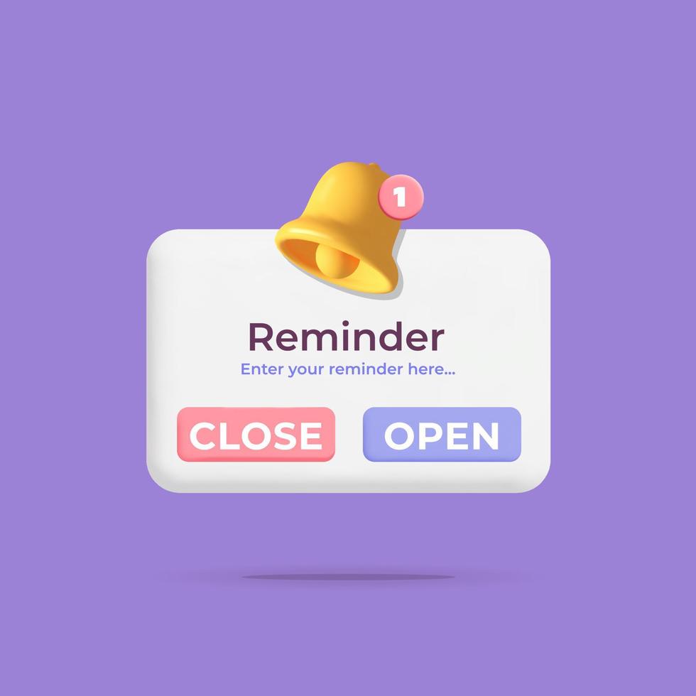 3d vector reminder push notification rectangle window with bell new icon mockup design