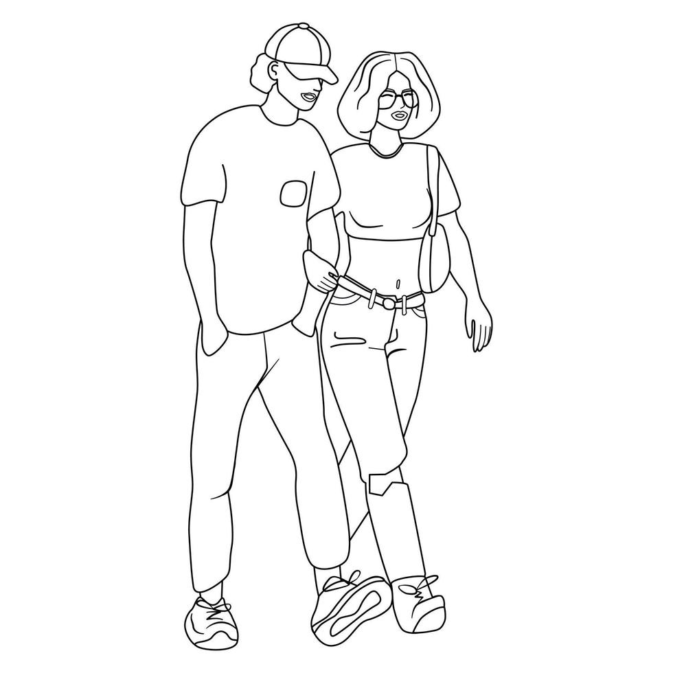 Romantic couple walking together. Man and woman on a casual date. Quality time together. Vector illustration in simple linear style