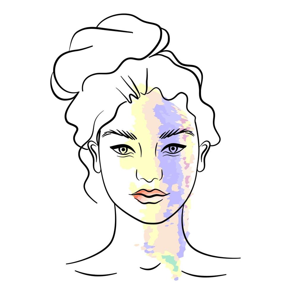 An abstract girl portrait in linear style with pastel colour features. Young woman with puffy hair bun. Female character icon. vector