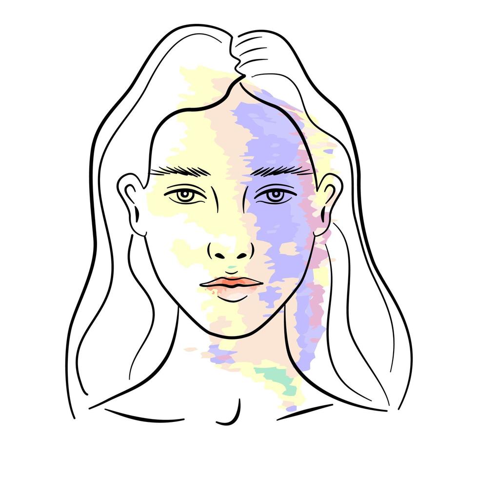 Beautiful woman portrait in minimalistic style. Female face outline with neon colour features, isolated on white background. Awesome print design for T-shirt. vector