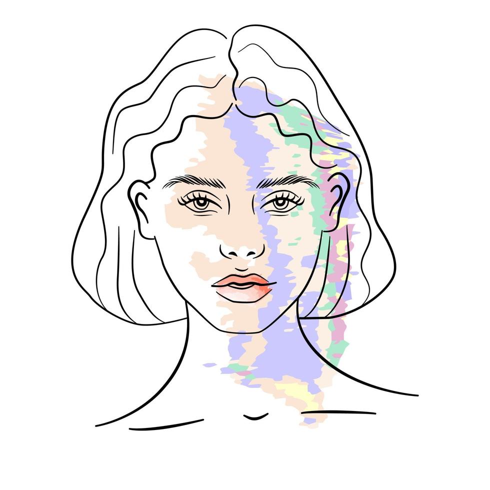 Attractive young woman portrait in simple line art style. Female face isolated on white background. Awesome print for T-shirt design. vector
