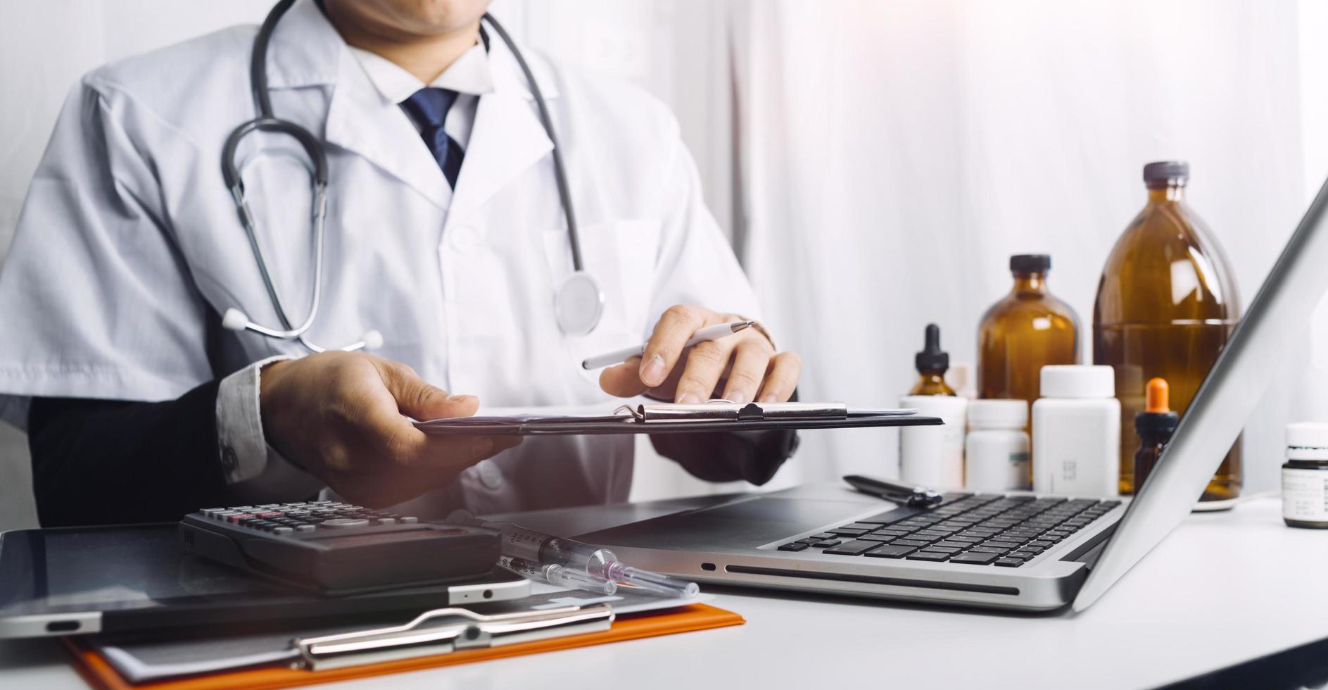 Double exposure of technology healthcare And Medicine concept. Doctors using digital tablet and modern virtual screen interface icons panoramic banner, blurred background. photo