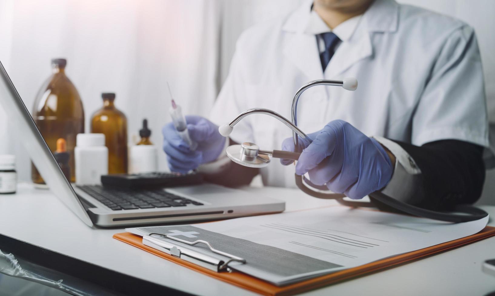 Double exposure of technology healthcare And Medicine concept. Two doctors using digital tablet and modern virtual screen interface icons panoramic banner, blurred background. photo