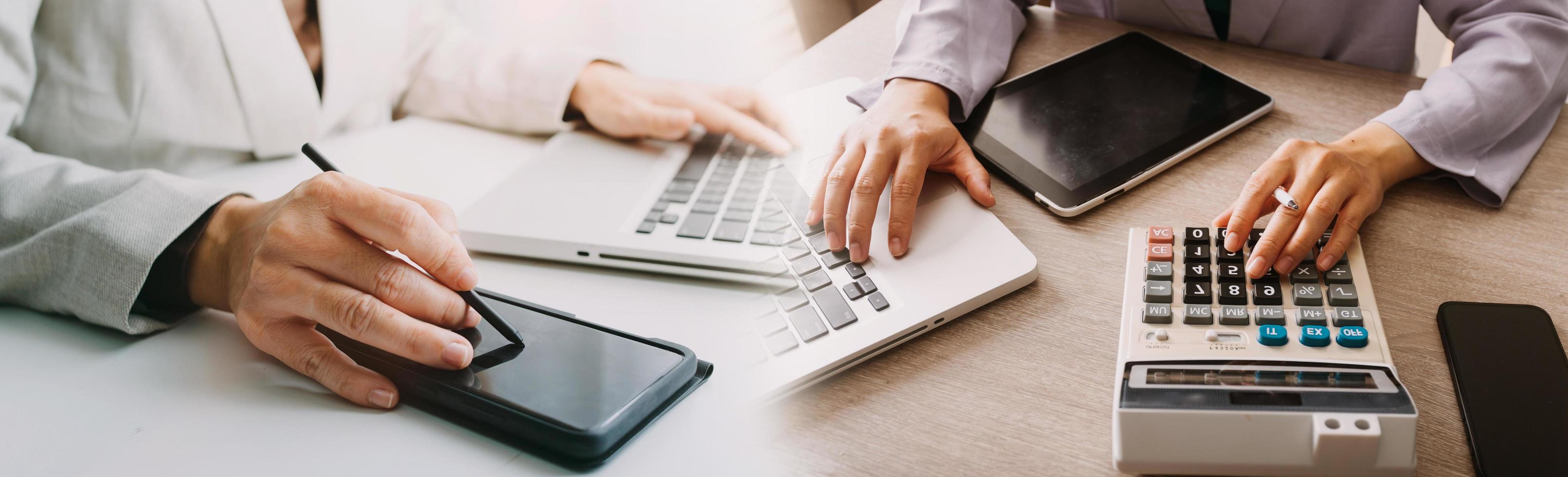 Business man using credit card and calculator for shopping online ,selective focus. photo