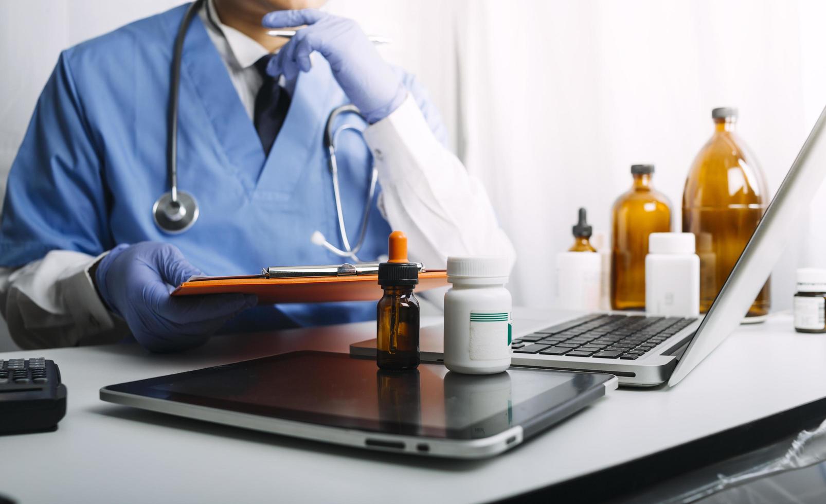 Double exposure of technology healthcare And Medicine concept. Two doctors using digital tablet and modern virtual screen interface icons panoramic banner, blurred background. photo