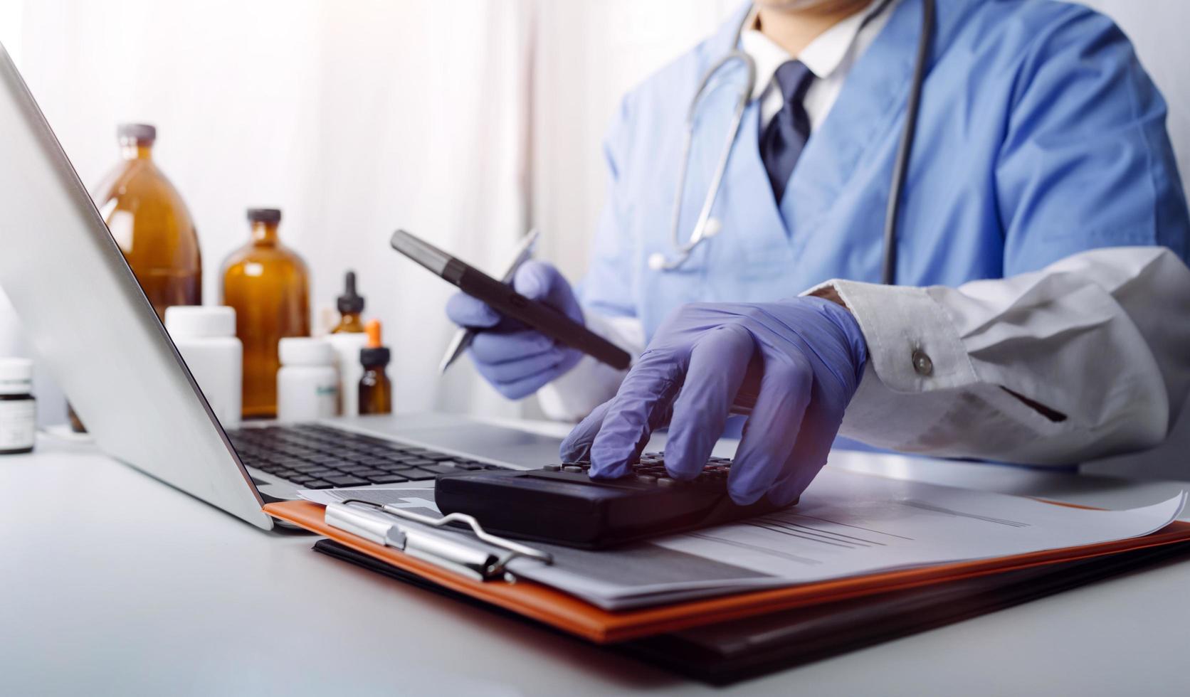 Double exposure of technology healthcare And Medicine concept. Two doctors using digital tablet and modern virtual screen interface icons panoramic banner, blurred background. photo