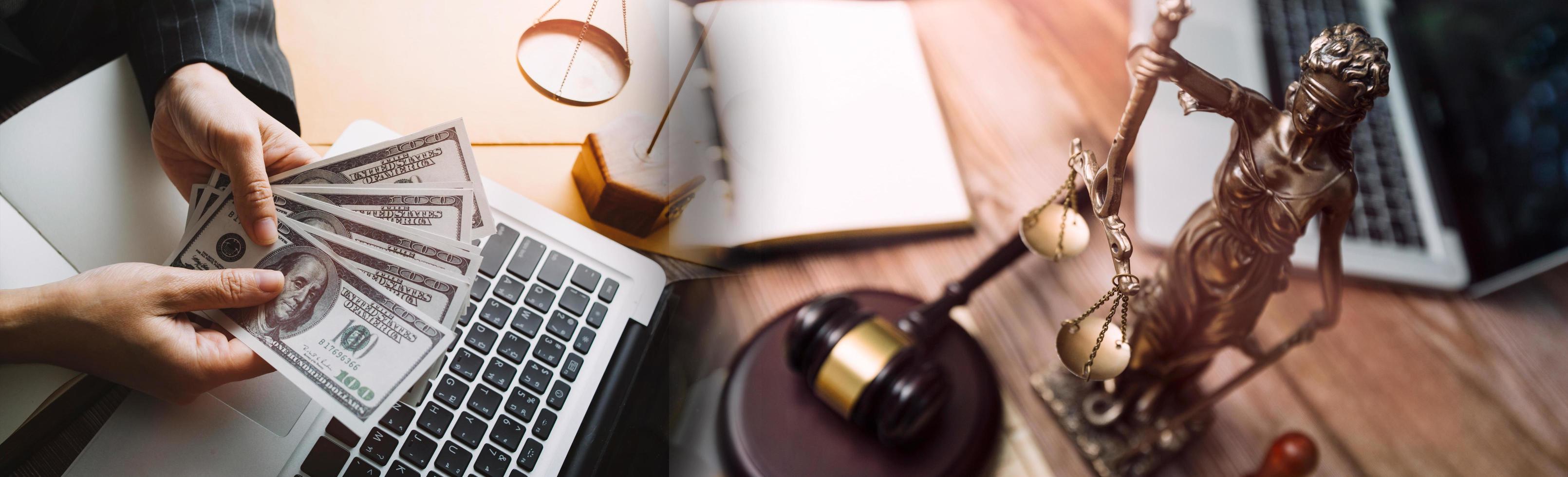 Business and lawyers discussing contract papers with brass scale on desk in office. Law, legal services, advice, justice and law concept picture with film grain effect photo