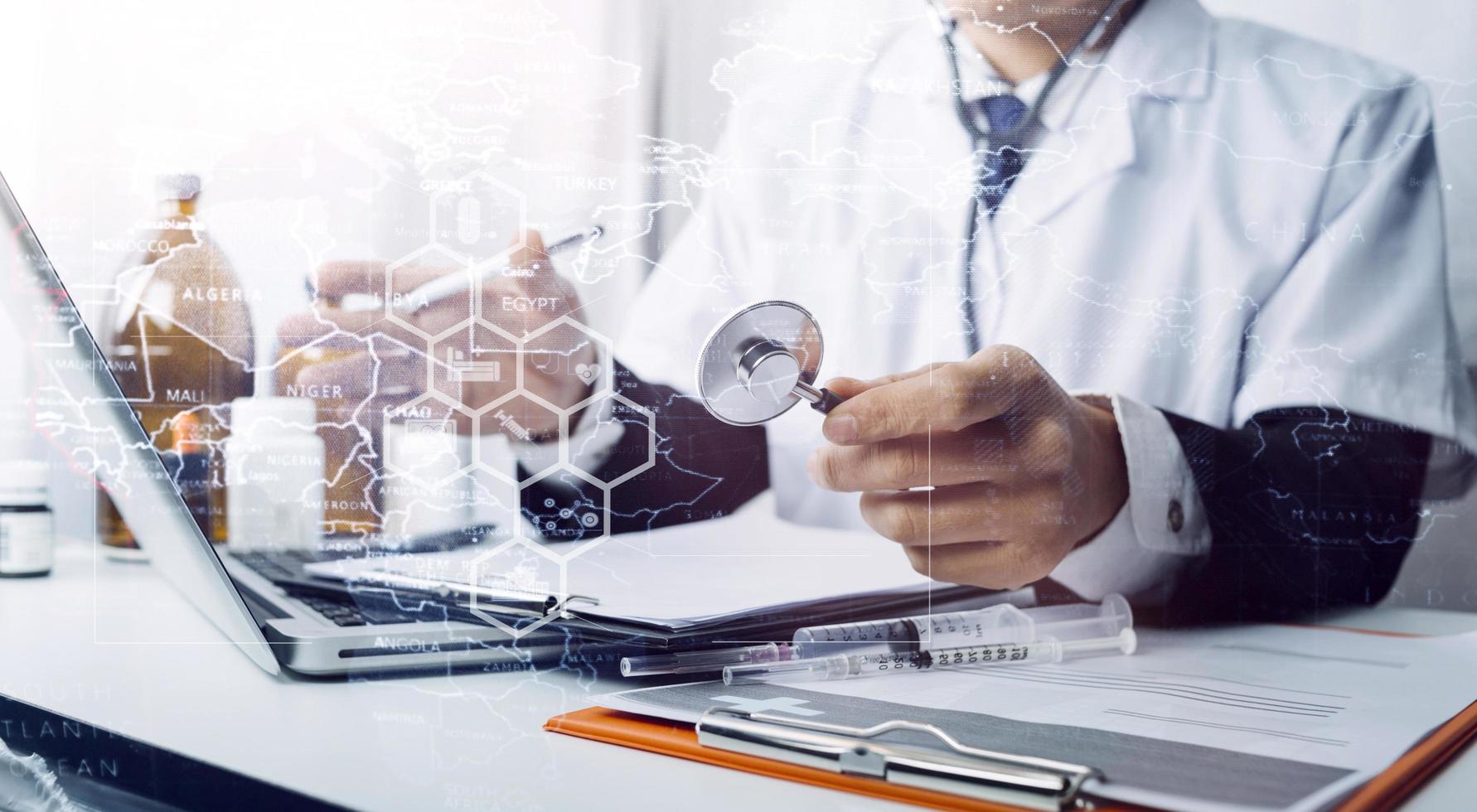 Double exposure of technology healthcare And Medicine concept. Doctors using digital tablet and modern virtual screen interface icons panoramic banner, blurred background. photo