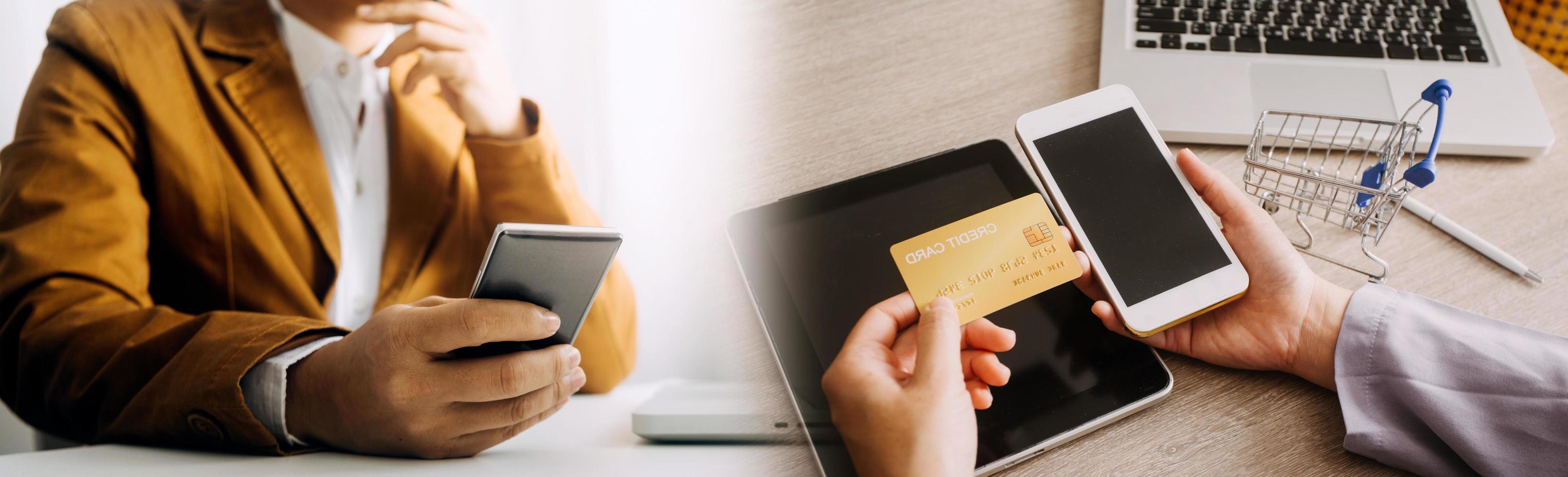 Business man using credit card and calculator for shopping online ,selective focus. photo