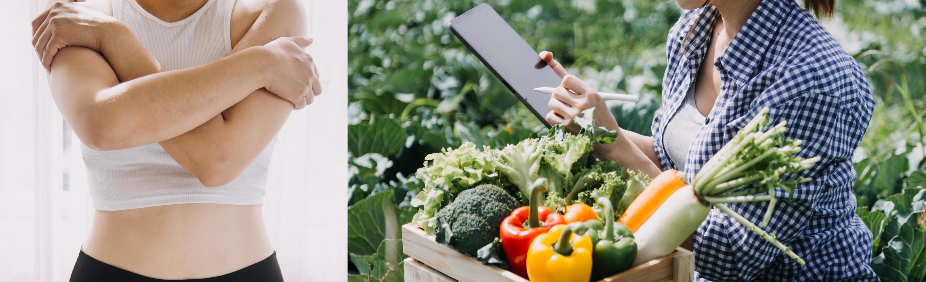 joven mujer sana con frutas. foto