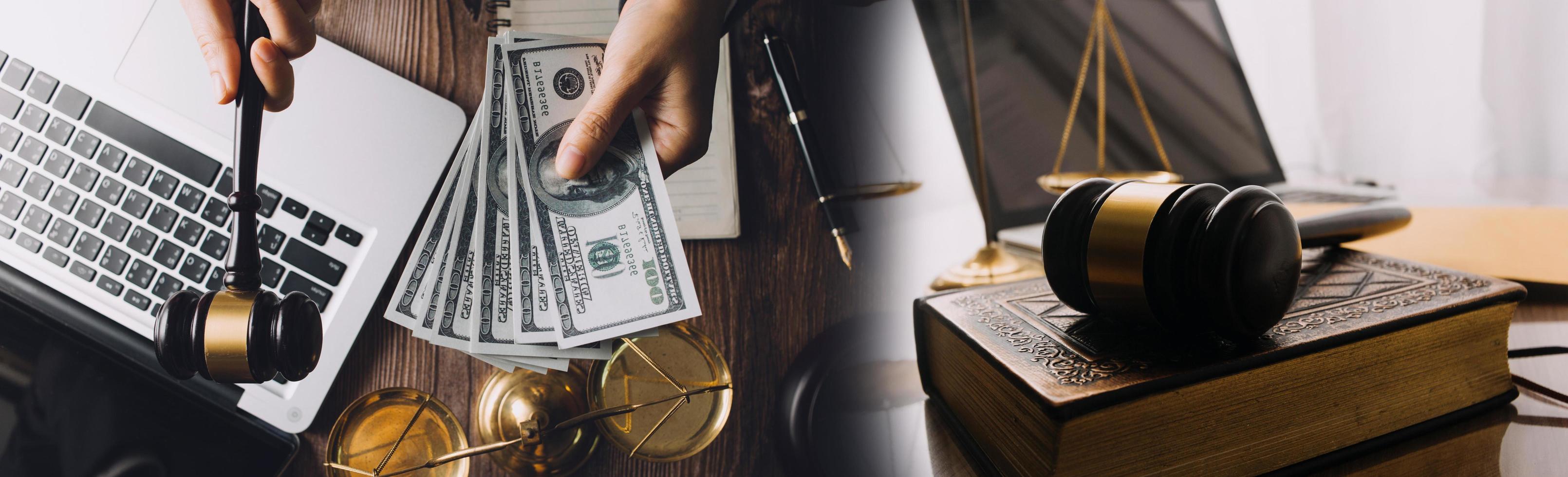 Business and lawyers discussing contract papers with brass scale on desk in office. Law, legal services, advice, justice and law concept picture with film grain effect photo