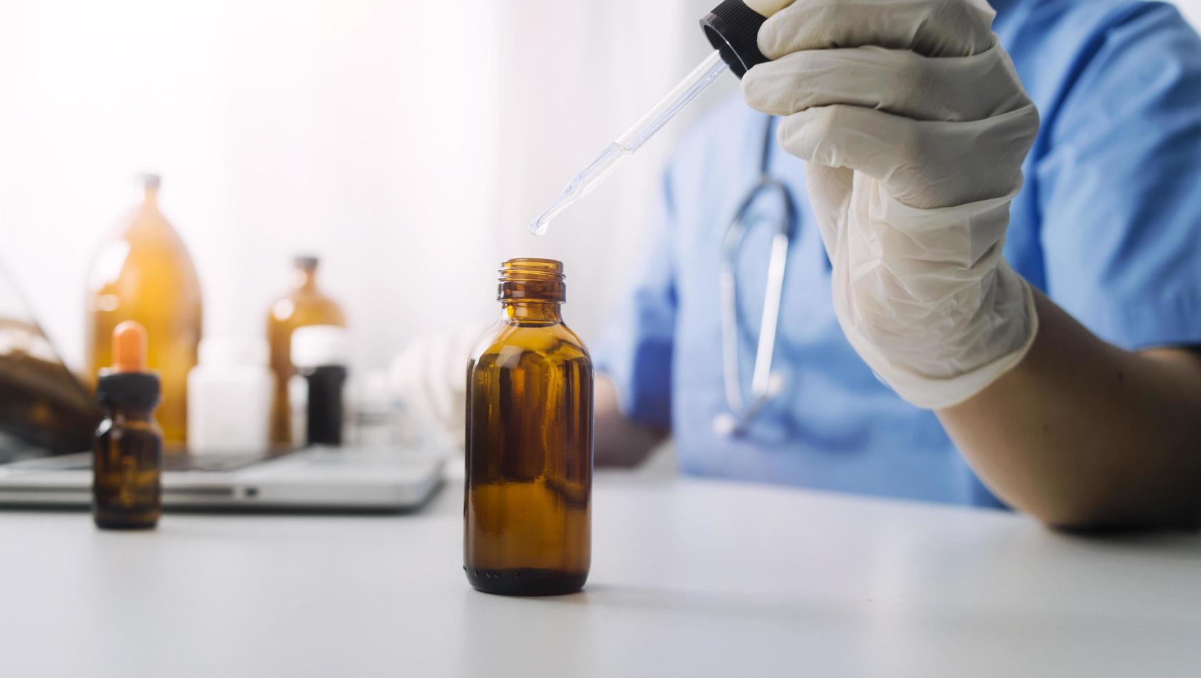 Double exposure of technology healthcare And Medicine concept. Two doctors using digital tablet and modern virtual screen interface icons panoramic banner, blurred background. photo