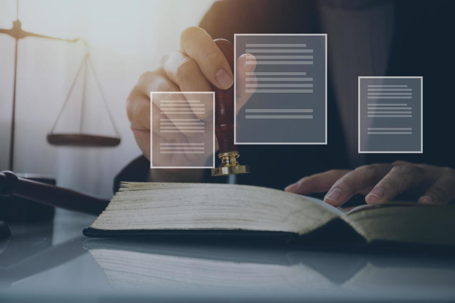 Business and lawyers discussing contract papers with brass scale on desk in office. Law, legal services, advice, justice and law concept photo