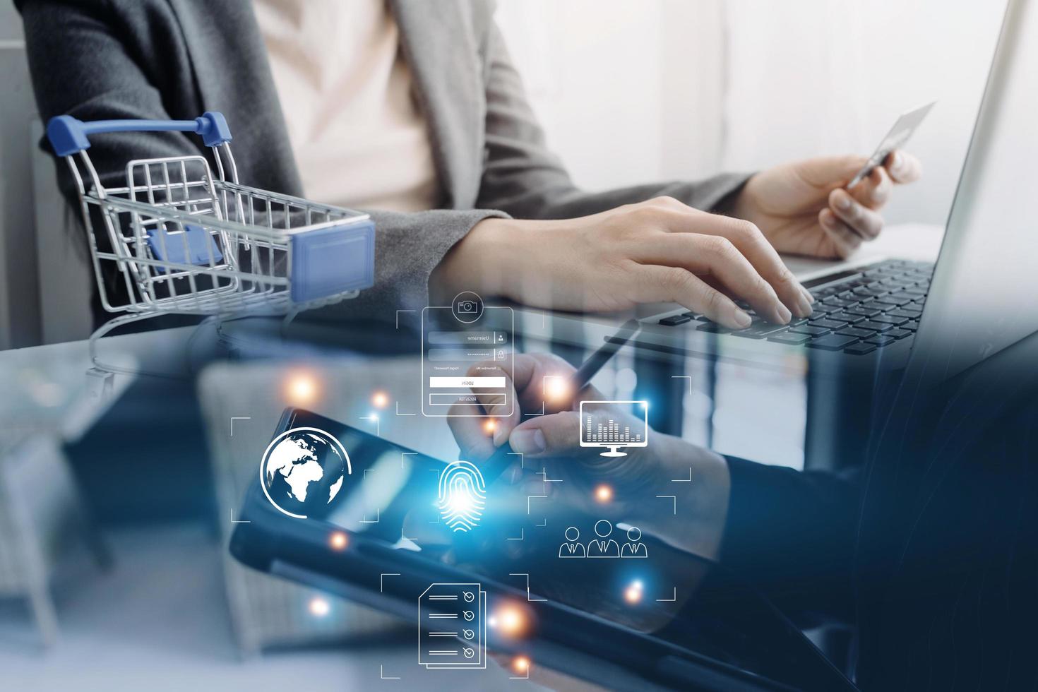 Online transactions, Businessman touching fingerprint scan provides security interface payment shopping banking and cloud computing network connection on virtual screen. photo