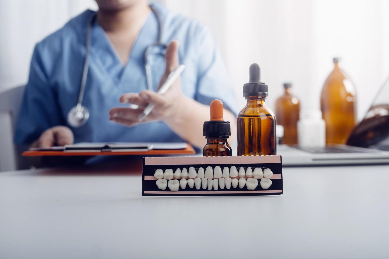 Double exposure of technology healthcare And Medicine concept. Two doctors using digital tablet and modern virtual screen interface icons panoramic banner, blurred background. photo
