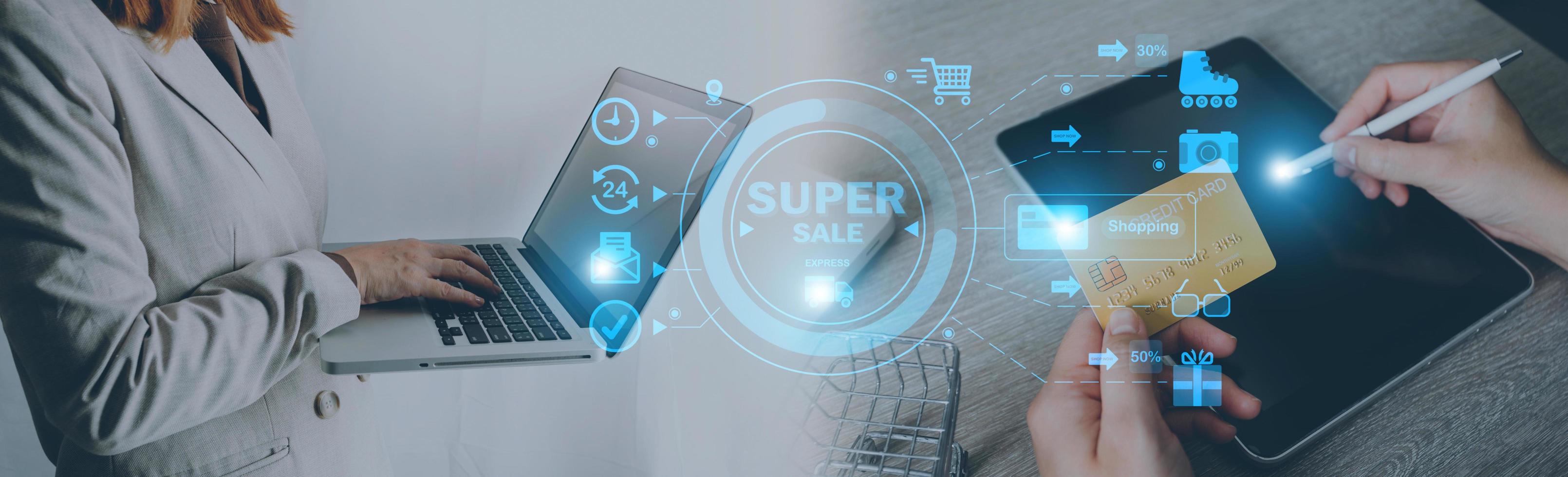 Business man using credit card and calculator for shopping online ,selective focus. photo