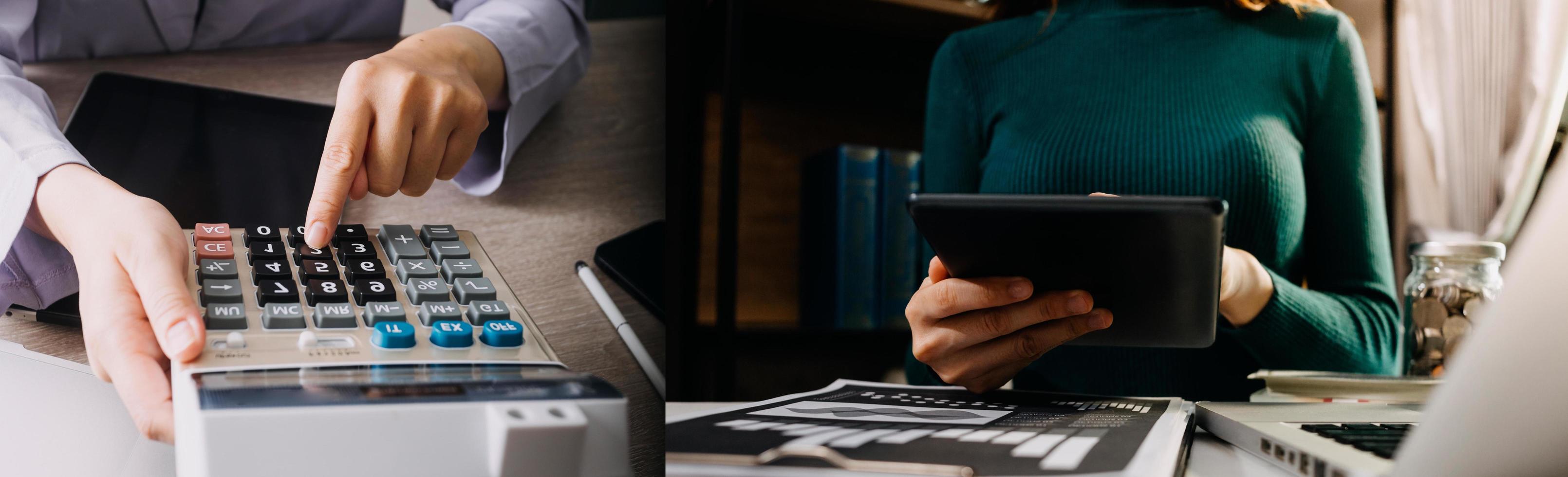 Business man using credit card and calculator for shopping online ,selective focus. photo