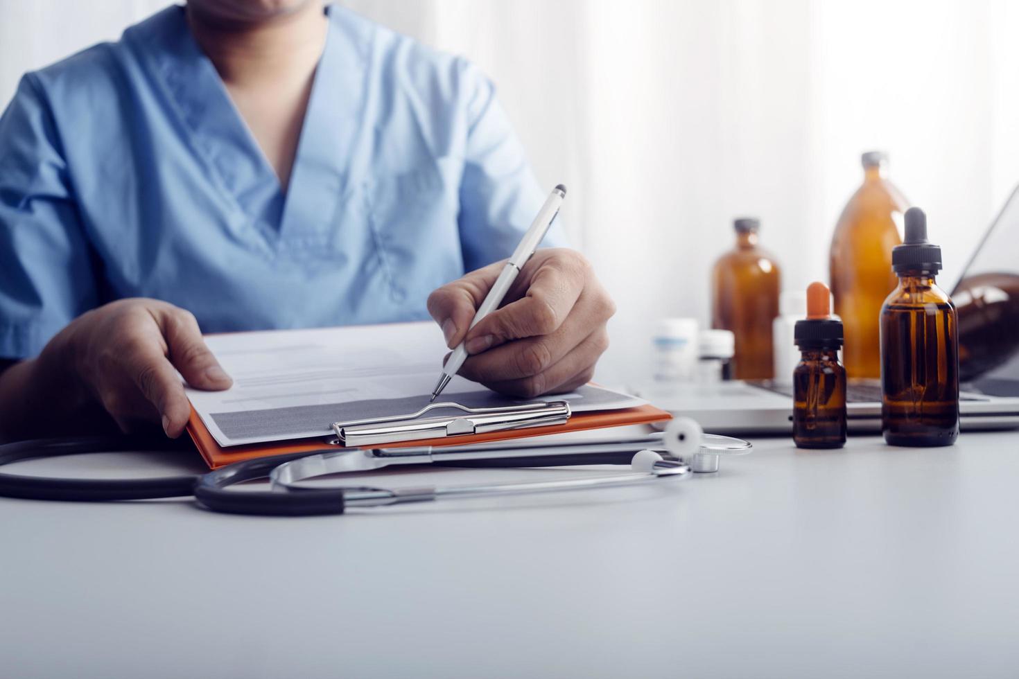 Double exposure of technology healthcare And Medicine concept. Doctors using digital tablet and modern virtual screen interface icons panoramic banner, blurred background. photo