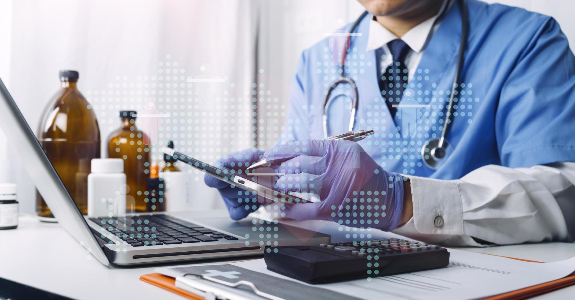 Double exposure of technology healthcare And Medicine concept. Doctors using digital tablet and modern virtual screen interface icons panoramic banner, blurred background. photo