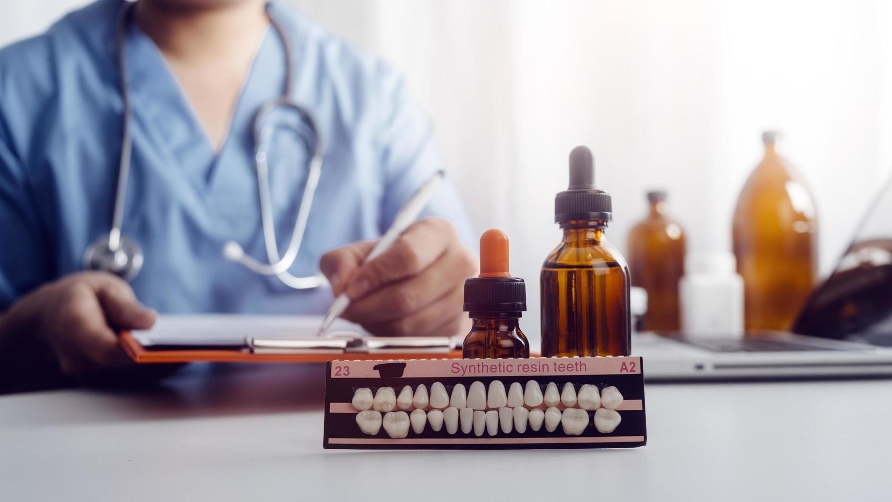 Double exposure of technology healthcare And Medicine concept. Two doctors using digital tablet and modern virtual screen interface icons panoramic banner, blurred background. photo