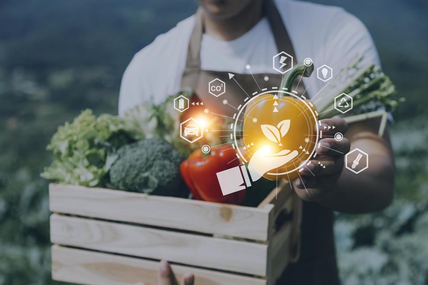 Futuristic businessman farms vegetables and crops using modern AI technology using mobile phones, temperature and humidity sensors, water tracking, climate control, holographic data data icons. photo