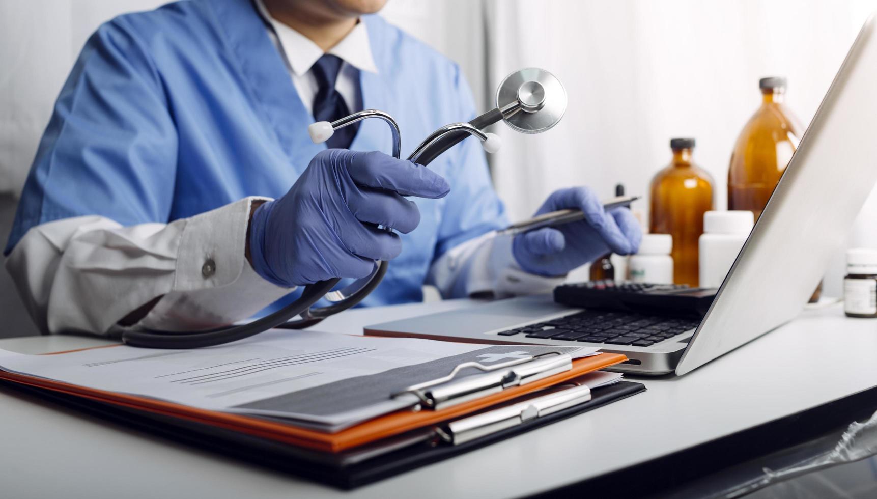 Double exposure of technology healthcare And Medicine concept. Two doctors using digital tablet and modern virtual screen interface icons panoramic banner, blurred background. photo